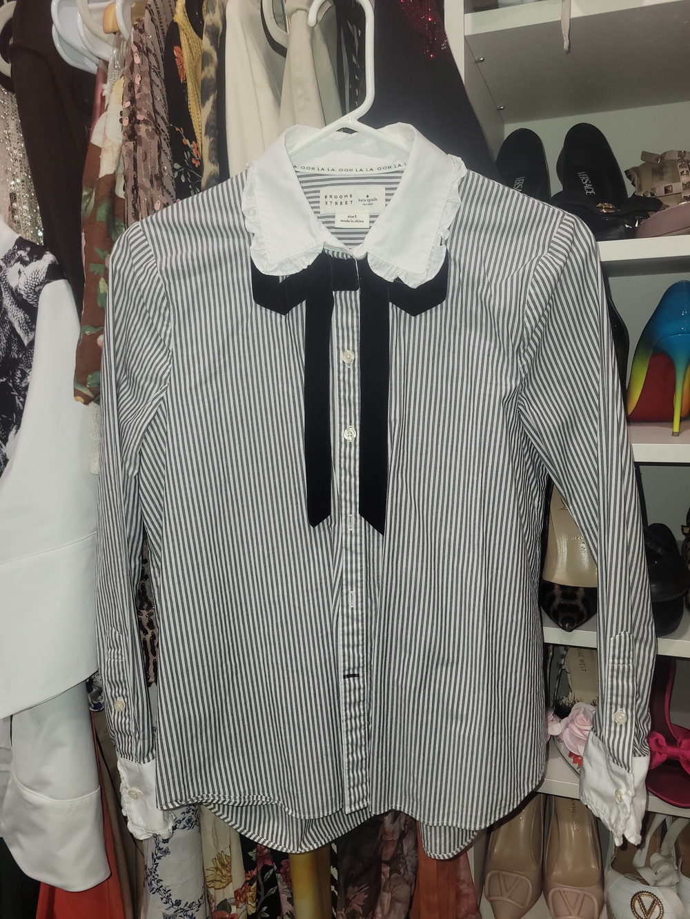 kate spade Black & White Striped Ruffle Collar Shirt with Bow